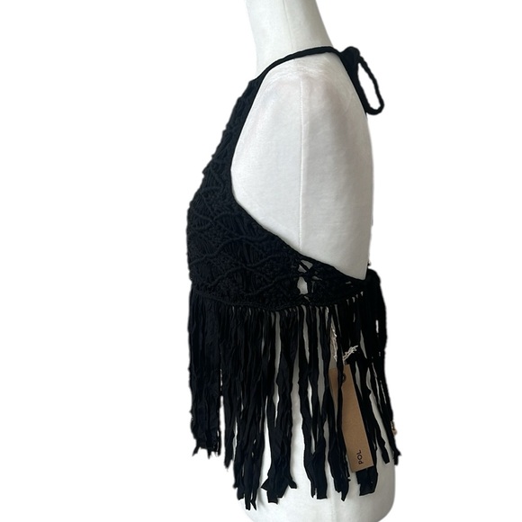 NWT POL Black Macrame Fringe Halter Top Back Ties Beaded Trim Size Small - Picture 2 of 9